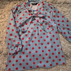 Allegra K Teal Blouse with  Pink Polka Dots